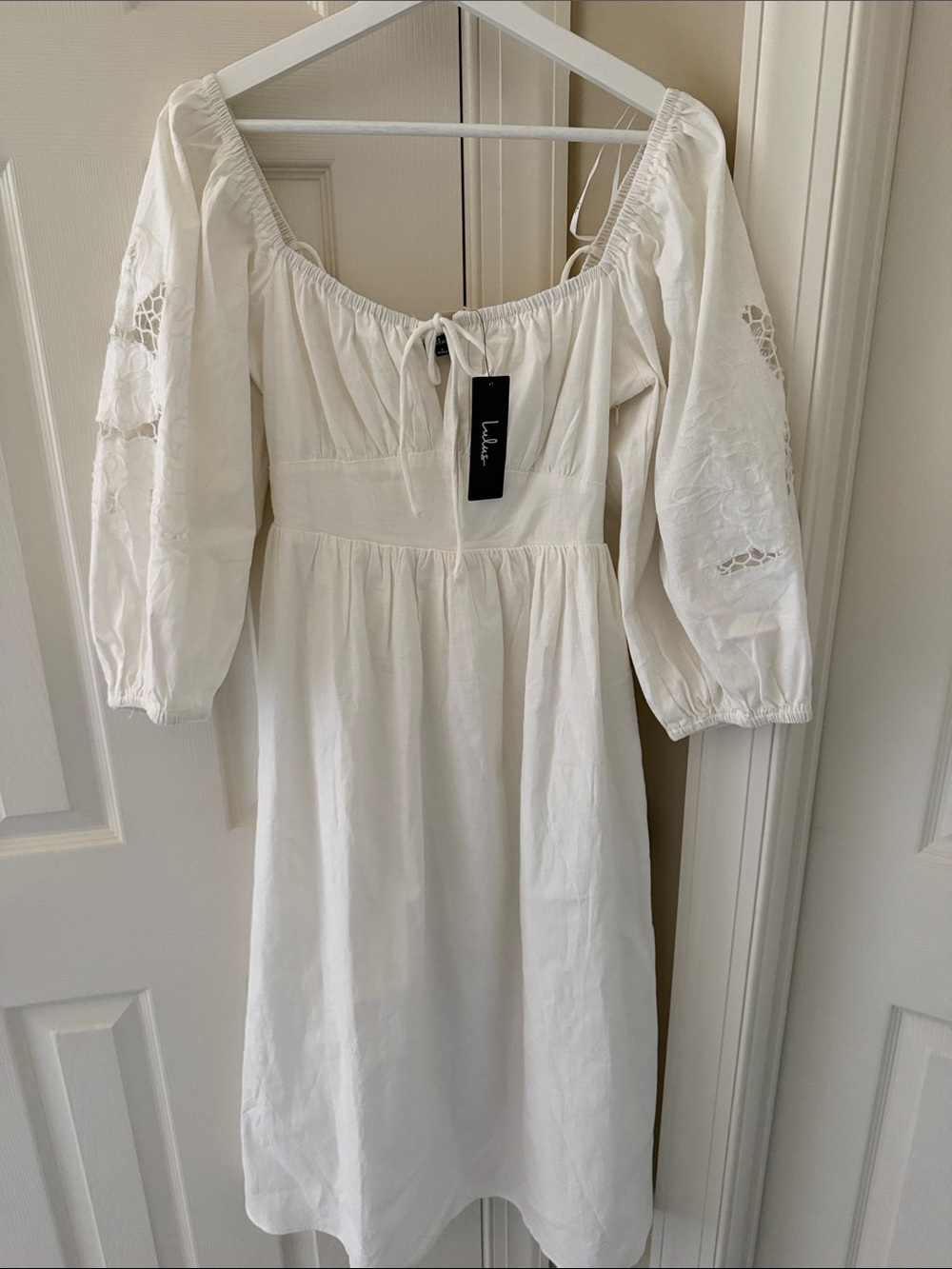 Lulu's White Puff-Sleeve Tie-Neck Midi Dress
